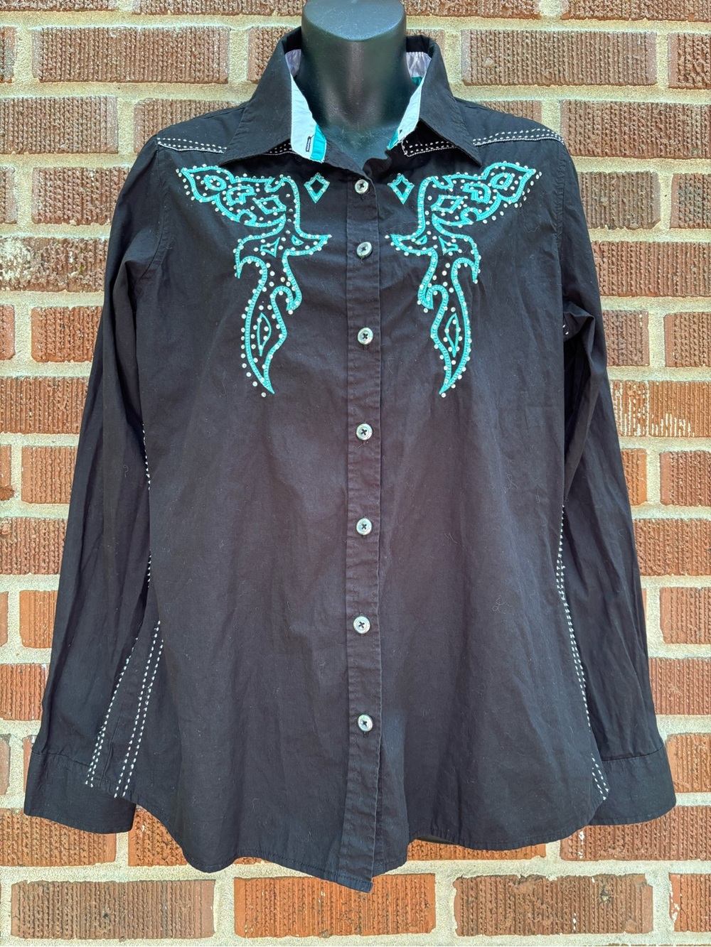 Roar Signature Women's L Black Green Embellished Shirt Rhinestone Bling  Western